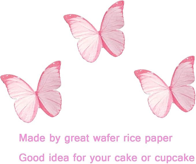 48Pcs Edible Butterflies for Cake Decorations Pink Wafer Paper Butterfly Cupcake Toppers Wafer Glutinous Paper Butterflies for Wedding Baby Shower Kids Birthday Party Cupcakes Decorating (Pink)