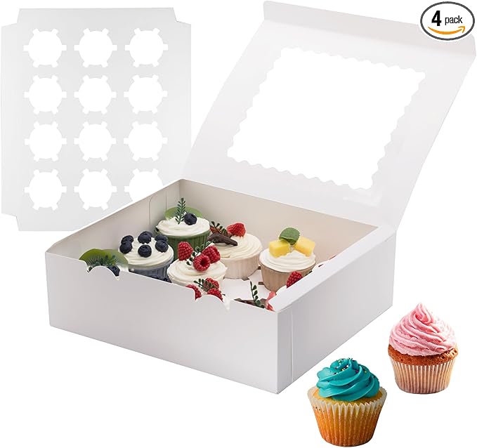 4 Pack Cupcake Boxes, Hold 12 Count Cupcake Containers with Window, High Grade Cupcake Holder, Easy Transport and Presentation, for Birthday Holiday Party, Desserts and More (White - 4 Pack)