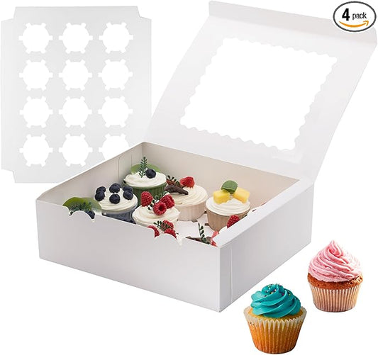 4 Pack Cupcake Boxes, Hold 12 Count Cupcake Containers with Window, High Grade Cupcake Holder, Easy Transport and Presentation, for Birthday Holiday Party, Desserts and More (White - 4 Pack)