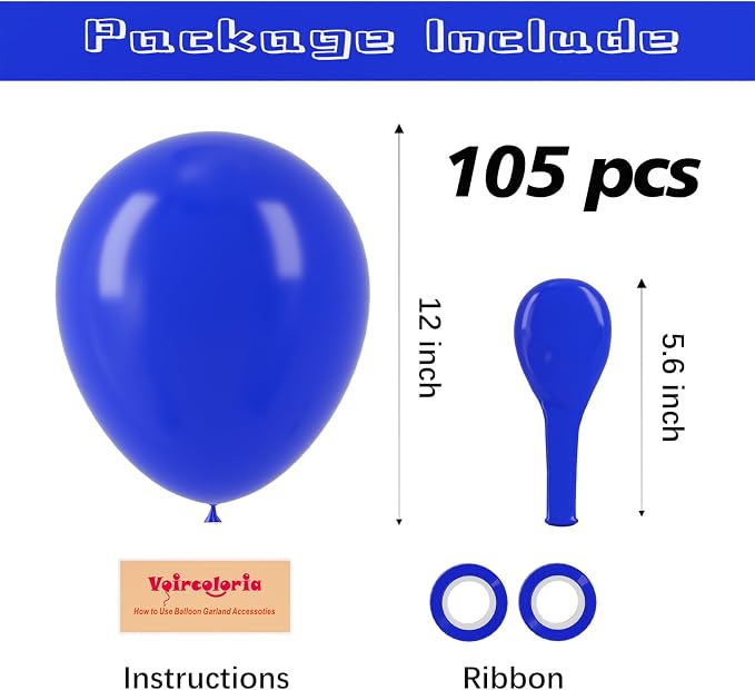 Voircoloria 105pcs Royal Blue Balloons 12inch Party Balloons for Birthday Graduation Baby Shower Anniversary Nautical Party Decorations