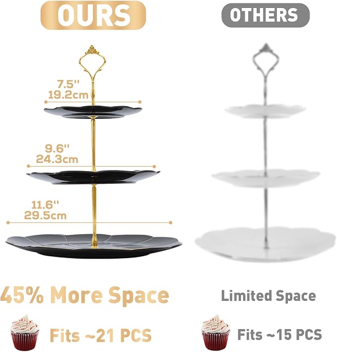 DUJUST Luxury Larger 3-Tier Cupcake Stand Tower, British Style Porcelain Serving Tray with Golden Trim, Food Grade Dessert Display Stand for Tea Party & Home Décor - 45% Black Larger Plates