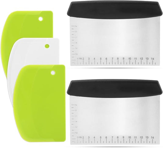 5Piece Dough Scraper Set, 2 Stainless Steel Bench Scrapers with Scale + 3 Plastic Bowl Scrapers, Non-Slip Handle, for Baking Pizza Bread Cake