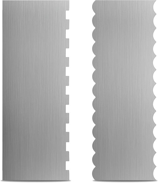 2 Pcs Stainless Steel Cake Scraper, 8.6-inch Double Sided Patterned Edge Stripe Edge Smoother Scraper, Cake Decorating Comb Metal Cake Scraper for Butter Mousse Cream Decoration