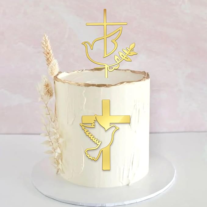 4 Pack Acrylic Baptism Cake Topper Mirror Acrylic Gold Dove Cross Cupcake Toppers First Communion Cake Decorations for Baby Shower Birthday Christian Party Decorations