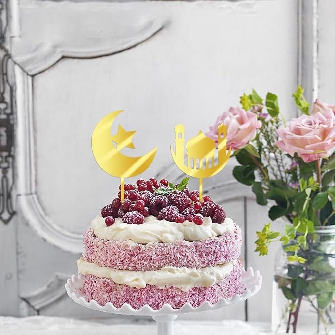 12 piece Acrylic gold Glitter Moon and Star Eid Mubarak cake Topper Ramadan Party Supplies Islamic Muslim Party Decorations