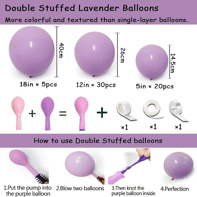 Purple Balloon Garland Double Stuffed Lavender Lilac Macaron Balloons Different Sizes 18/12/5 Inch Latex Pastel Balloons Arch Kit for Birthday Wedding Baby Shower Butterfly Princess Party Decoration