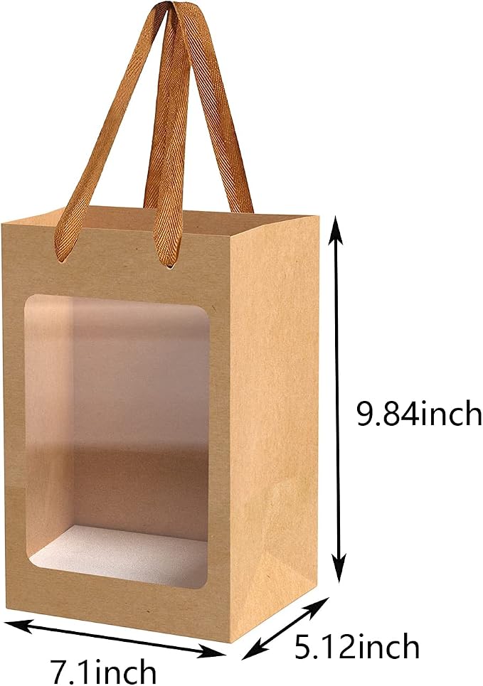 12Pcs Brown Paper Gift Bags with Transparent Window, 9.84"x7.0"x5.12" | Kraft Shopping Bags with Handles for Bouquet Christmas Birthdays Festivals Party Weddings Wrapping