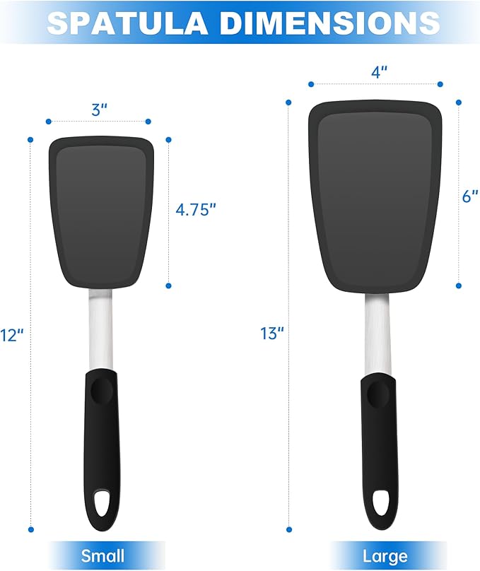 2 Pack Flexible Silicone Spatula Turner, Non Scratch Cookware Safe Cooking | Mepple 600°F High Heat Resistant Rubber Non-Stick Spatula, Ideal for Eggs, Burgers, Crepes, Fish Flipping and More,Black