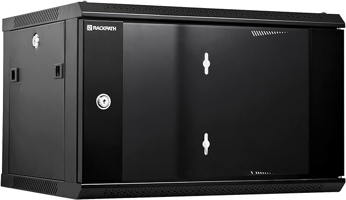 RackPath 6U Wall Mount Network Rack Cabinet – Quiet Cooling Fan, Locking Glass Door, 17.7" Deep (450mm), Removable Locking Side Panels, Fits 19" IT & A/V Equipment