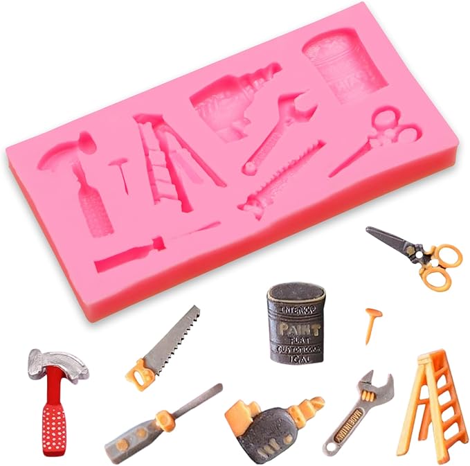 Hand Tools Fondant Molds 4 Pcs, Mini Construction Tool Chocolate Silicone Molds for Cake Decoration Candy Sugar Cupcake Topper Cake Pop Popsicle Polymer Clay Crafts