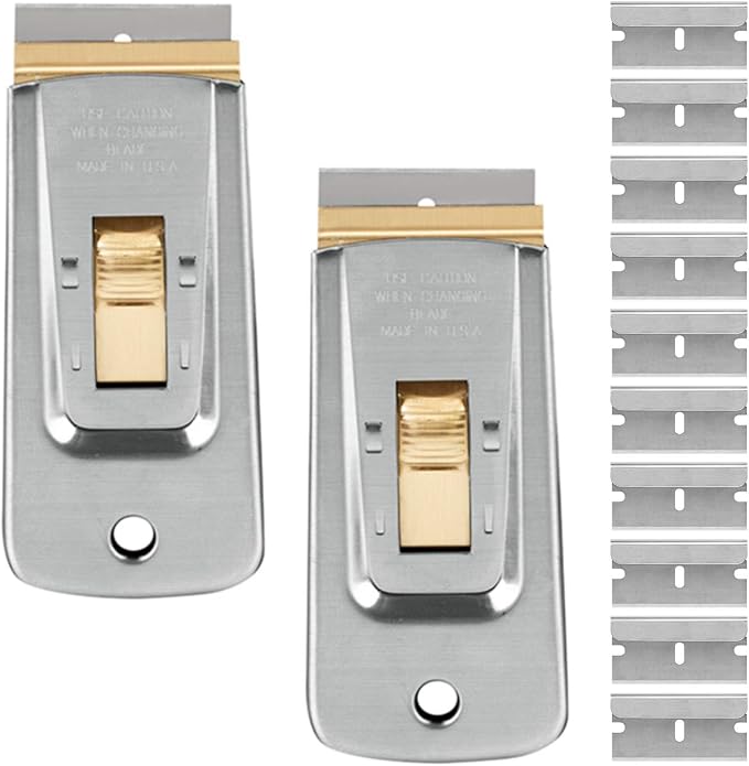 Razor Blade Scraper Tools (Set of 2), Window Scraper, Glass Cooktop Scraper & Paint Scraper, Car Decal, Sticker and Glue Remover Razor Holder with 10 Replaceable Single Edge Blades
