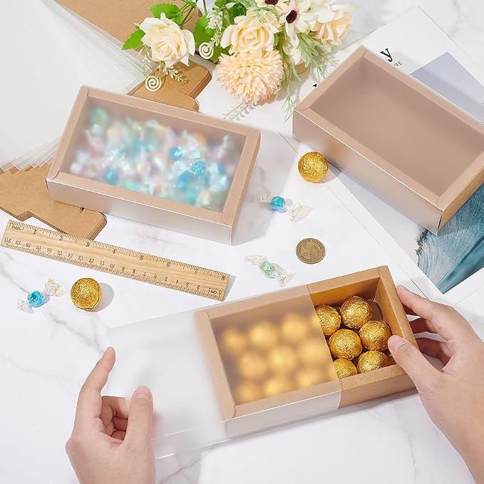 BENECREAT 12Packs Large Rectangle Brown Kraft Boxes Heavy Duty Gift Box with Clear PVC Windows 5.9x3x1.5 for Party Favor Treats, Bakery, Jewelry, Wedding Gift Packaging