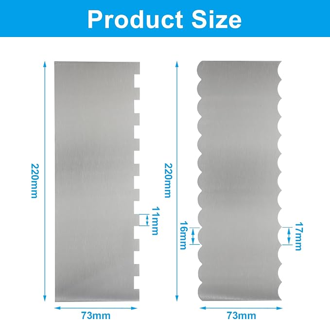 Cake Scraper - 2 Pack 8.6 Inch Stainless Steel Cake Decorating Tool, Double Sided Smooth & Patterned Edge for Buttercream, Fondant, Mousse
