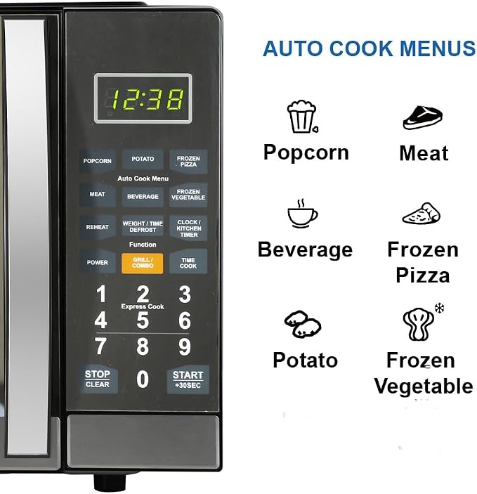 Emerson MWG1191SB 1.1 Cu. Ft. Microwave with Built-In Grill Function, 1100W Power, Stainless Steel, LED Timer Display, 11 Power Levels, 9 Preset Cooking Options, Removable Glass Turntable, Child Lock