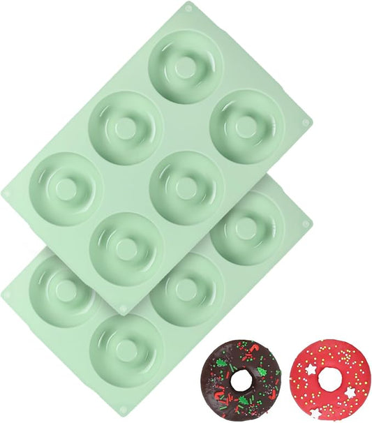 QELEG Silicone Donut Mold, 2 Pack Non-Stick Silicone Bagels for Baking Doughnut Pan Set, Reusable Mold Tray for Donuts and Bagels Green 2Pcs/6-Cavity