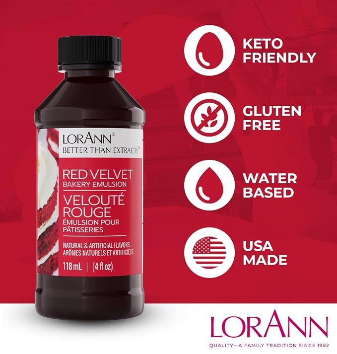 LorAnn Oils Red Velvet Bakery Emulsion: True Essence, Ideal for Boosting Fruit Tones in Cakes, Cookies & Desserts, Gluten-Free, Keto-Friendly, Extract Substitute Essential for Your Kitchen, 16 Oz