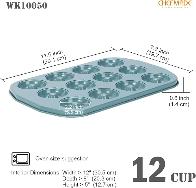 CHEFMADE Mini Donut Pan, Nonstick 12-Cavity Carbon Steel for Baking | Ring Donut Pan for Baking, Bagel Pan Bakeware. Nonstick steel, even heat to 428°F. PTFE/PFOA free. Easy clean (Green)