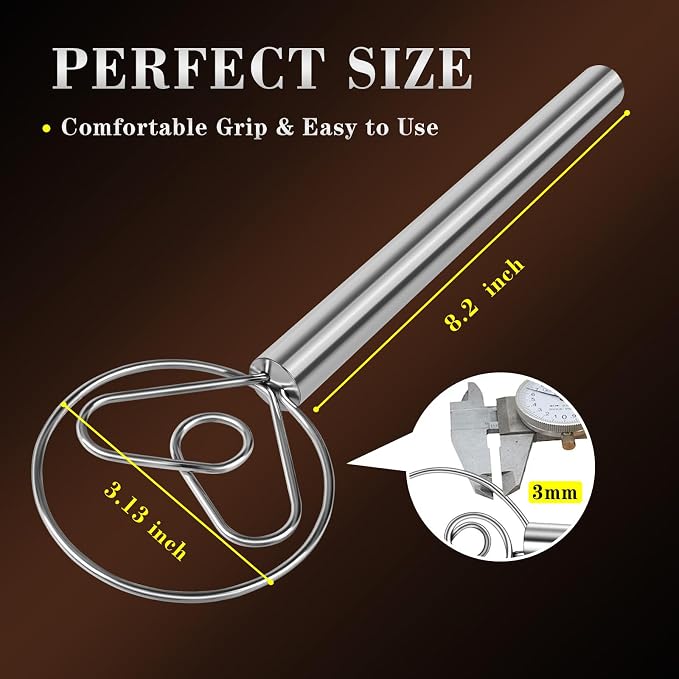 TEEVEA Danish Dough Whisk with Stainless Steel Hook Dutch Style Bread Mixer for Sourdough Baking Tools