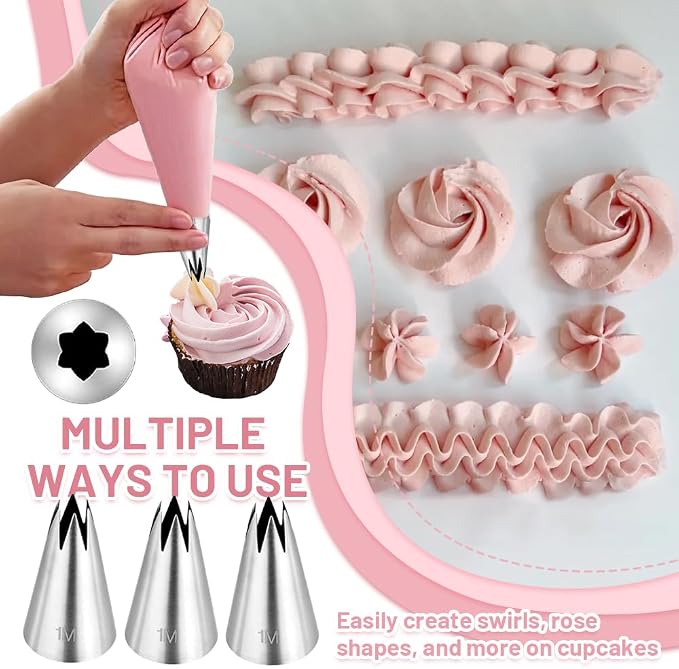 3Pcs Large Tip Siz 1M Star Piping Tip and Piping Bags Set, | with 30PCS Piping Bags,1M Piping Tips,Open Star Shape,for classic cupcakes rosette cake decorating,Merengue Cookies