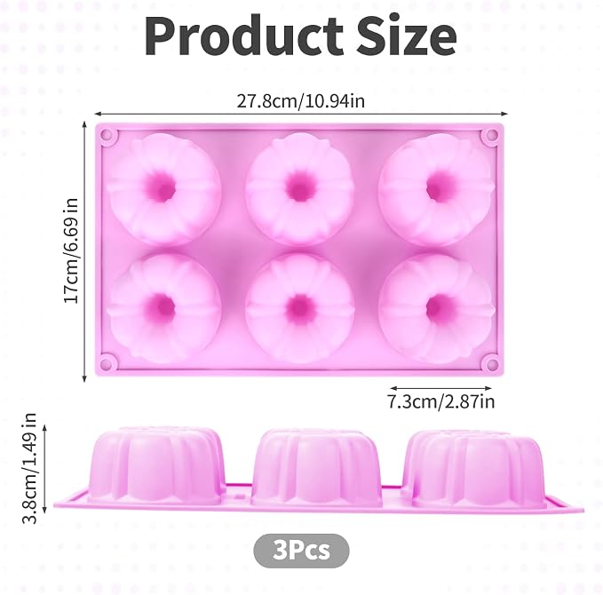 3 Pack Purple Mini Cake Pans for Baking, Silicone Small Cake Pan Mold Moldes Para Gelatinas, 6 Cavity Nonstick Mini Cheesecake Pans, Jello Molds Silicone Donut Pan for Baking Cupcakes Chocolate
