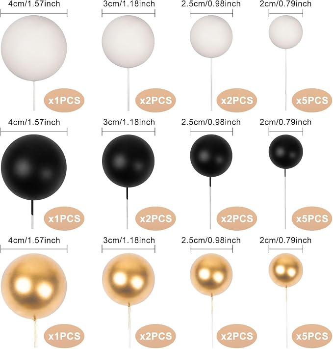 30 PCS Balls Cake Topper DIY Cake Insert Toppers Ball Cake Picks Cupcake Topper for Birthday Party Baby Shower Wedding Cake Decoration(Black Gold White)
