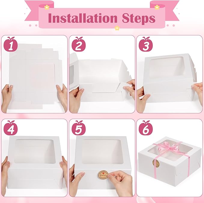 Sublaga 26pcs 8x8x4 Inches Cake Boxes White Bakery Boxes, White Bread Boxes with Windows for Pastries, Cupcakes,Cookies, Pie, Muffins and Donuts