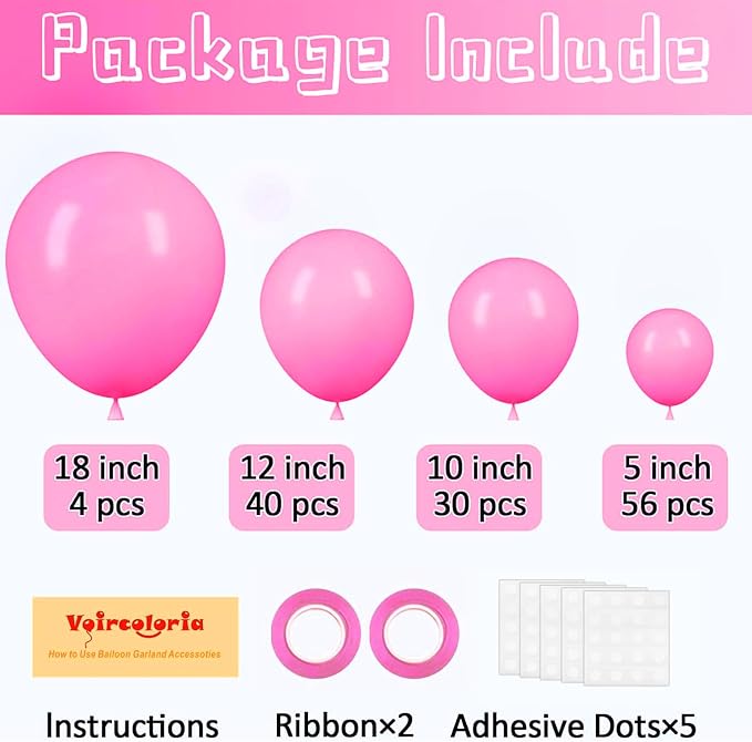 Voircoloria 130pcs Pink Balloons Different Sizes 18" 12" 10" 5" Party Latex Balloons for Birthday Baby Shower Wedding Anniversary Princess Theme Party Decorations