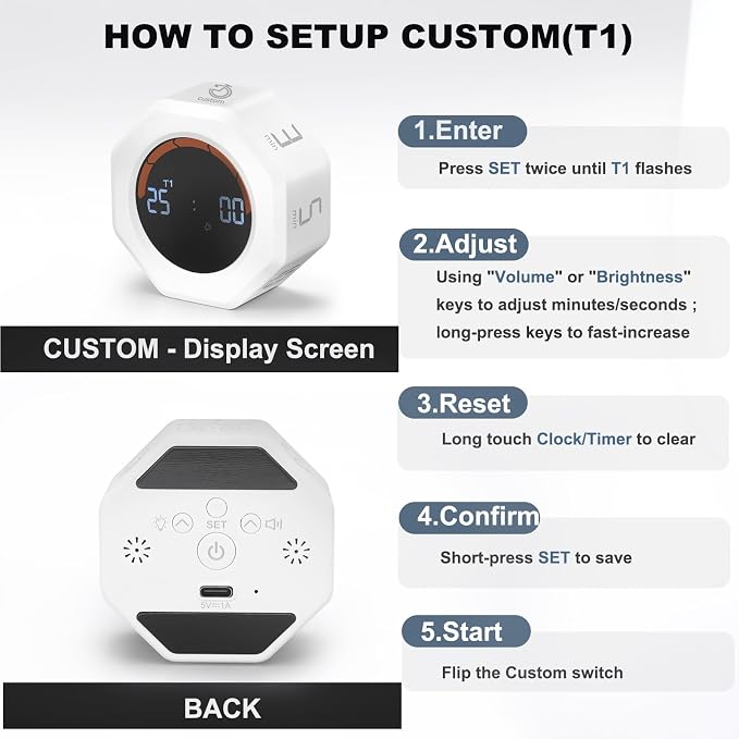 Small Productivity Timer - Pomodoro Timer with 3/5/10/25/60 Min Presets & Custom Countdown | Magnetic Rechargeable Digital Clock for Desk, Study and Games (White)