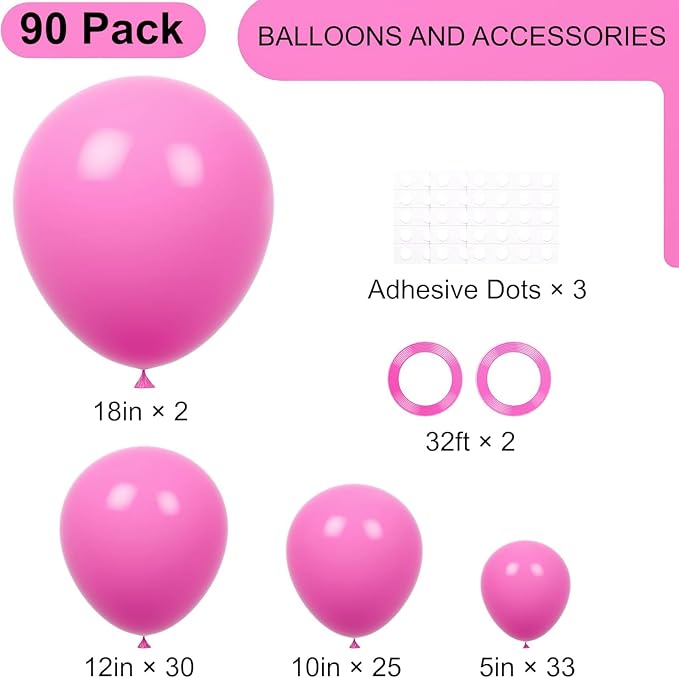 Voircoloria 90pack Retro Hot Pink Balloons Different Size 18/12/10/5 Inch Retro Hot Pink Balloon Garland Arch Kit for Graduation, Wedding, Birthday, Princess Theme Party, Valentine's Day Decorations