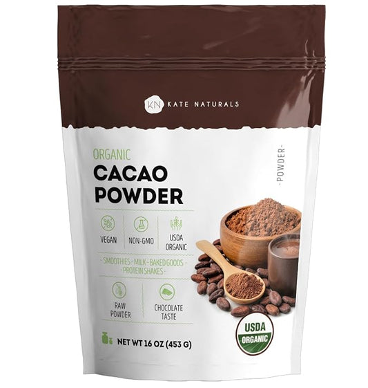 Kate Naturals Organic Cacao Powder, 16 oz – Unsweetened Raw Cocoa Powder, Non-GMO, Vegan, Gluten Free, Rich Chocolate Flavor for Baking & Smoothies