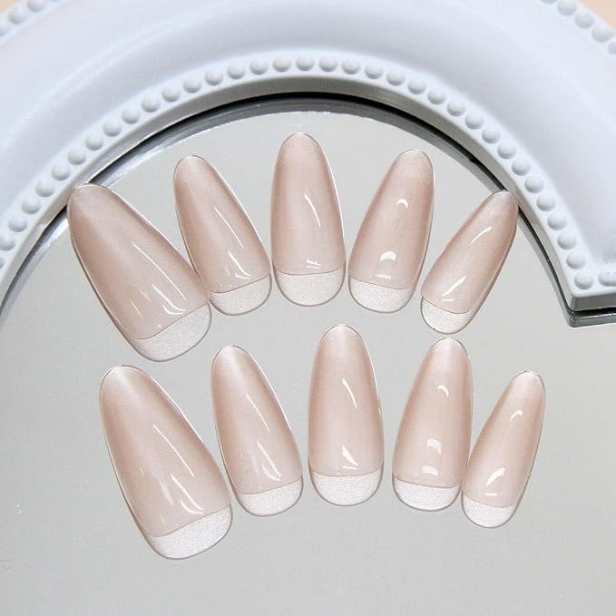 30Pcs French Press on Nails Short Almond ZWENJIE Cat Eye Fake Nails Press ons Nail Tips Stick on Nails Glossy Acrylic Nails Kit False Nails with Blush Pink Design Nail Art for Women Glitter Manicure