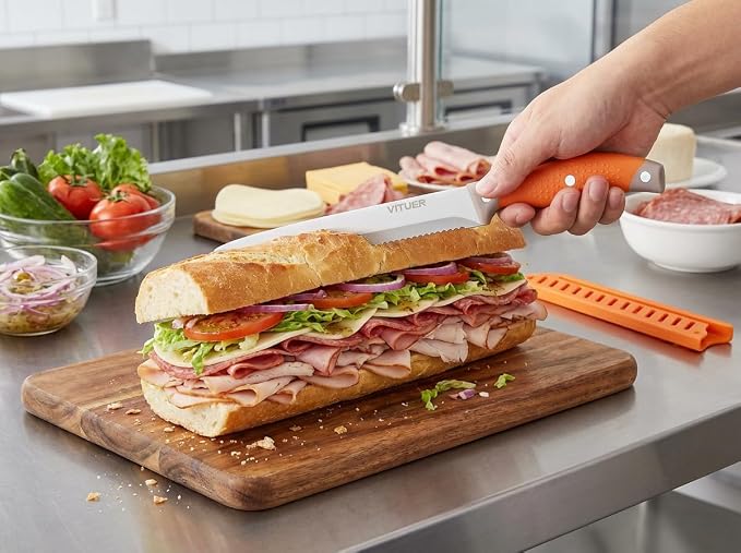 VITUER Bread Knife with Cover, 8 inch Serrated Bread Knife for homemade bread, Bread Cutter Ideal for Slicing Homemade Bread, Bagels, Cake (8-Inch Blade with 5-Inch Handle)