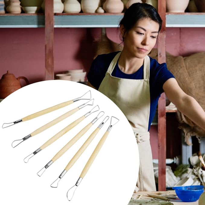 6Pcs Clay Sculpture Tools, Wooden Handle Double Ended Modeling Tools Ceramic Clay Tools Ribbon Sculpting Tool Kit for Clay, Fondant, Cake, Ceramic, Dough, Plaster, Wax
