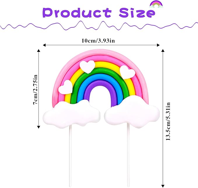 Rainbow Cake Topper - Soft Pottery Heart Cloud Decorations, Colorful Cupcake Topper, Personalized Reusable Happy Birthday Party Supplies