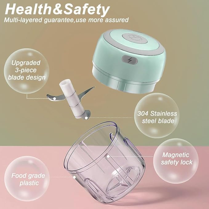 Electric Mini Garlic Chopper & Food Processor with Spoon & Brush - 2 Cup Portable Cordless Vegetable Blender, Onion Mincer with USB Charging for Baby Food, Chili, Herbs, Spices(Green 100+250ml)