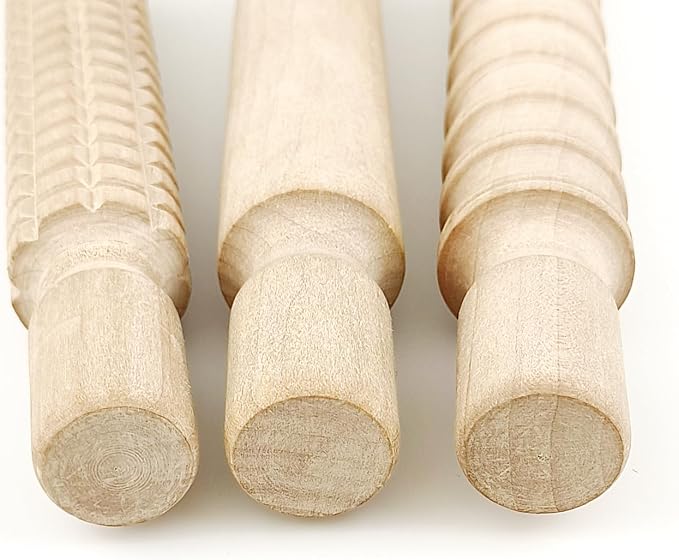 3 Pack 8 Inch Wooden Textured Rolling Pins | Embossed Dough Roller For Kitchen Decor & Adult DIY Crafts