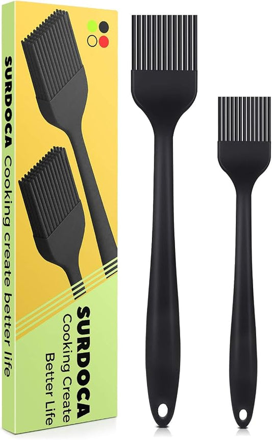 SURDOCA Silicone Pastry Basting Brush - 2Pcs 10 + 8 in Heat Resistant Brush for Baking Cooking Food, BPA Free Kitchen Brush for Sauce Butter Oil, Stainless Steel Core Design for Barbecue BBQ Grilling
