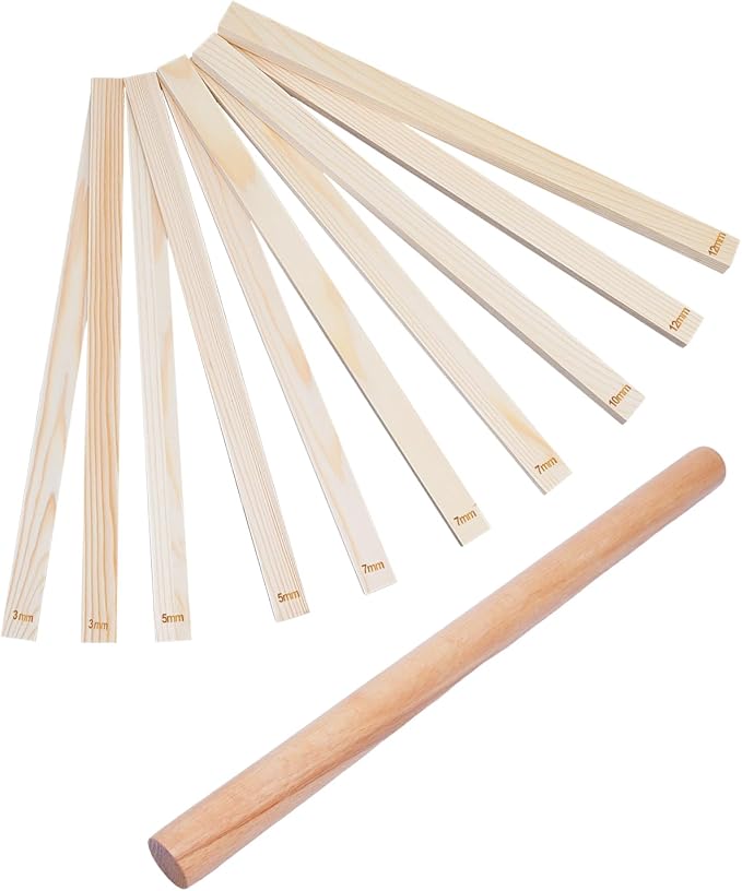 eZAKKA Pottery Teaching Rolling Mud Stick Guide, Wooden Clay Pottery for Clay Tools, 15.3inch Pottery Tools with Clay Slab Roller & Clay Guides Sticks, 10+1Pcs