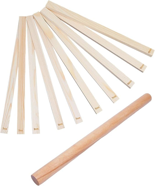 eZAKKA Pottery Teaching Rolling Mud Stick Guide, Wooden Clay Pottery for Clay Tools, 15.3inch Pottery Tools with Clay Slab Roller & Clay Guides Sticks, 10+1Pcs