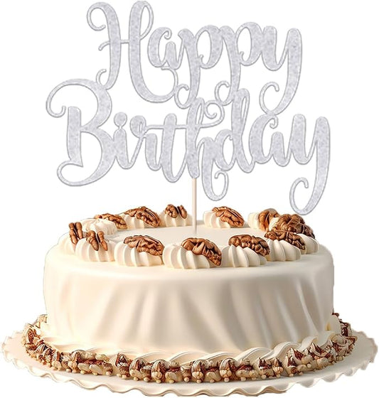 Happy Birthday Cake Topper- Glitter Happy Birthday Cake Decor, Handmade Anniversary/Birthday Party Supplies (Silver)