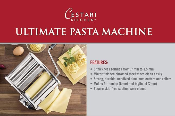 Cestari Stainless Steel Pasta Machine - 150 mm Roller with Patented Suction Base for No-Slip Use - Includes Pasta Cutter, Hand Crank, and Recipes