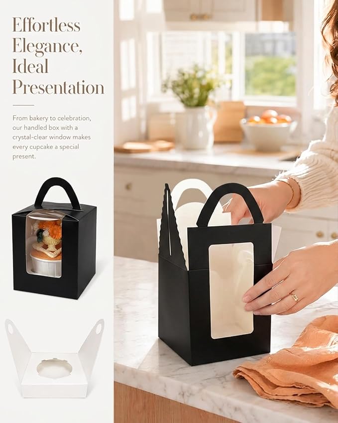 Bakepacker Individual Cupcake Boxes with Window 100 Count Black Single Cupcakes Box 3.6"X3.6"X4.3" Cupcake Carrier