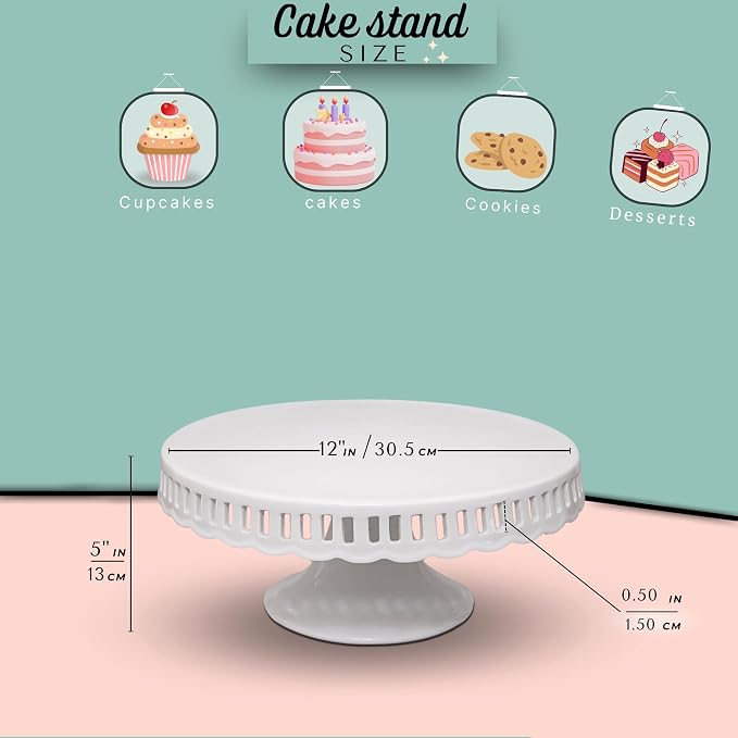Ceramic Cake Stand, 12inch cake decoration supplies, Cake Pedestal Stand with 6 Ribbons, Cake Stands for Party or Birthday, White Cake Platter - Cake Display Stand for Wedding Reception, Pie Stand