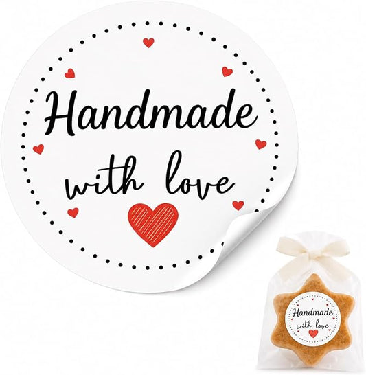 Handmade with Love Stickers: Strong Adhesive Smudge-Proof 120 Pcs 1.6" Round Self-Adhesive Decals for Bakery Small Business Gift Bags Envelopes Wedding Party Favors DIY Crafts