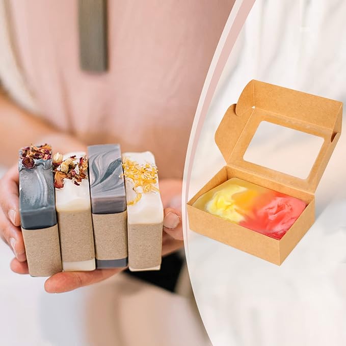 COTOPHER Soap Box, 100Pcs Small Soap Packaging Boxes 3.5x2.35x1.2 Inch Mini Kraft Boxes with Window Soap Boxes for Homemade Soap Candy Chocolate Bakery Cookies Soap Packaging