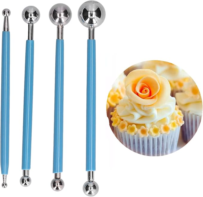 4 Pcs Stainless Steel Ball Sculpting Tool Set for Fondant Cake Decorating DIY Baking Clay Modeling Handcraft Kit with 8 Different Size Ball Heads Reusable