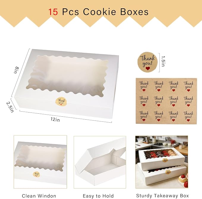 15pcs Cookie Boxes 12x8x2.5 Inches White Bakery Box with Window,Professional Pastry and Macaron, Packaging Container, Display Gift Box (15, WHITE, 12 * 8 * 2.5inch)