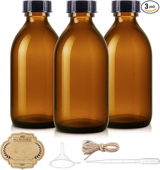 8oz Amber Glass Bottle with Lids, 3 Pack Brown Empty Cosmetic Containers Leakproof Refilllable Sample Dispensing Bottles for Homemade Vanilla Extract, Essential Oils, Potion, Juice, Ginger Shots