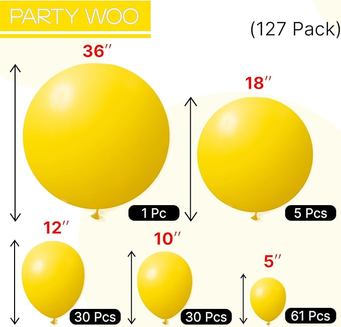 PartyWoo Yellow Balloons 127pcs Different Sizes of 18 12 10 5 Inch Matte Yellow Latex Balloon Arch Kit Garland for Easter Bee Baby Shower Sunflower Birthday Graduation Party Decorations Yellow-Y55
