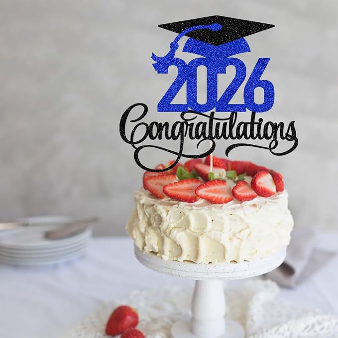 Black Dark blue Glitter 2026 Congratulations Graduation Cake Topper,Congrats Grad Cake Decor - 2026 High School/College/Senior Graduation Party Decorations Supplies